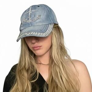 Denim Anchor Rhinestone Sequin Embellished Hat